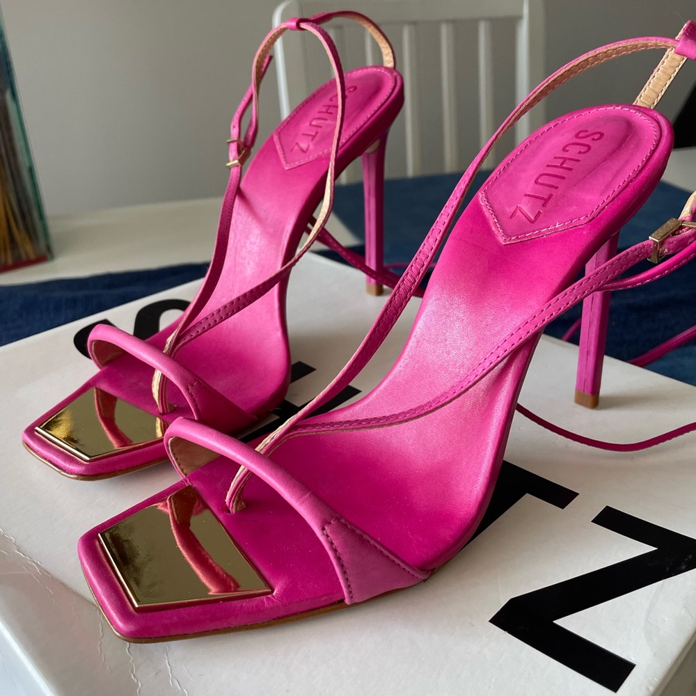 SCHUTZ Pink Vikki Leather Sandal Heels